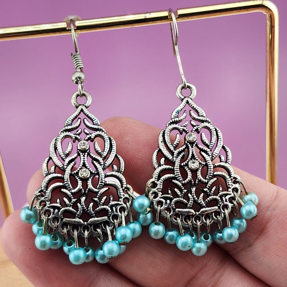 Silver Tone Filigree Teardrop Earrings Aqua Bead Fringe Long Boho Statement Pair